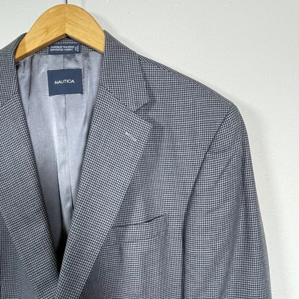 Nautica Blazer Mens 48L Gray Preppy Dark Academia Wool Houndstooth Sport Coat
